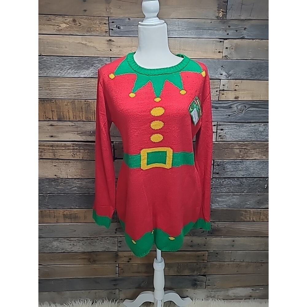New Christmas Elf Knit Sweater Dress Sz Large Red Green Fitted NWT "Ugly"
